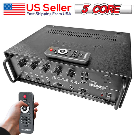 5 Core Amplifier Stereo Receiver Black| 2.0 Channel Power Amp for Indoor and Outdoor| Speaker Amplifier with 3 Mic Input, EQ Control, Digital Display and Remote-  40W-UTX-DLX