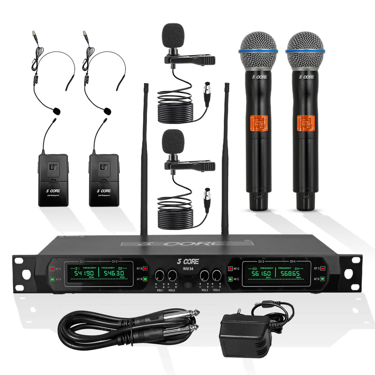 5 Core Wireless Microphones Set 4 Channel UHF Microfono Inalambrico w Handheld Lapel Headset Mic