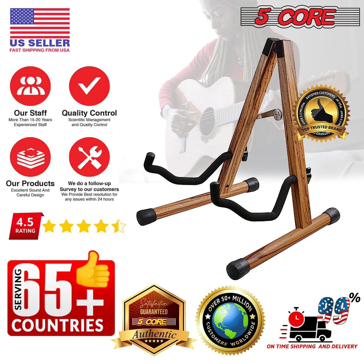 5Core Guitar Stand Floor Adjustable Solid Wood A Frame Universal Folding Acoustic Electric Bass Stands