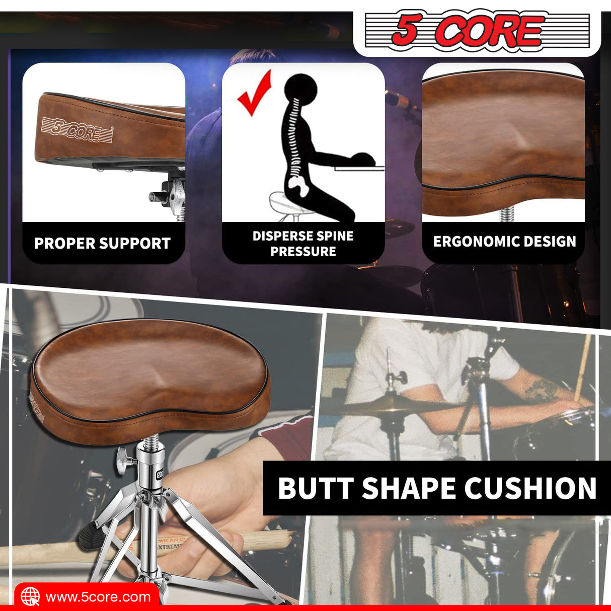 5Core Drum Throne Padded Guitar Stool Saddle Drummer Seat for Adults & Kids BROWN