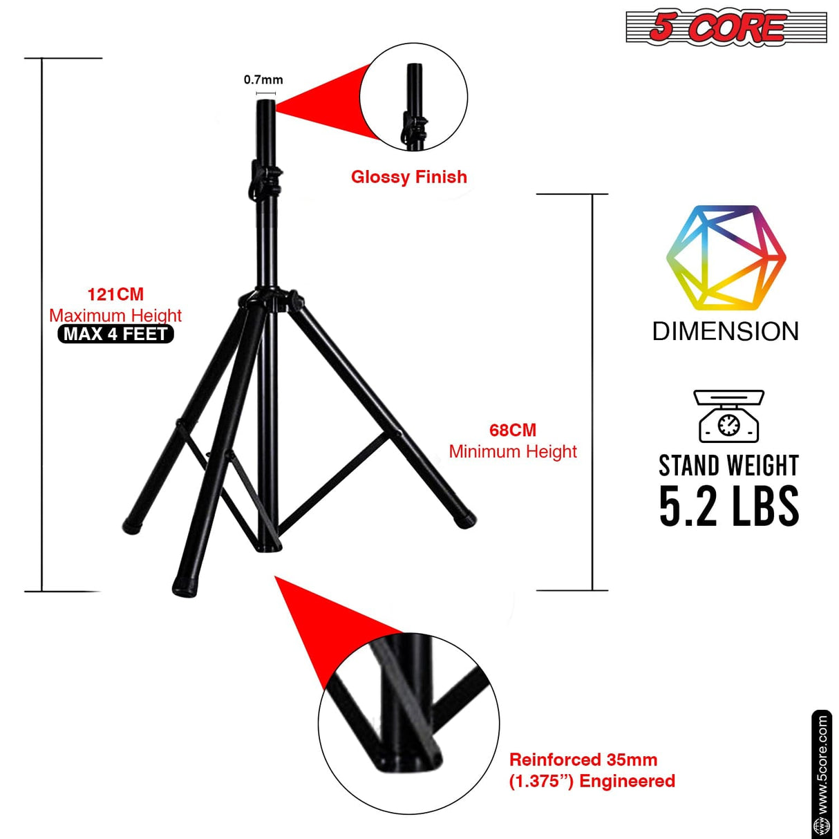 5 Core Speaker Stand Tripod Floor Adjustable Up to 48 Inch DJ Studio Monitor Stands Pole Mount Pair BLACK