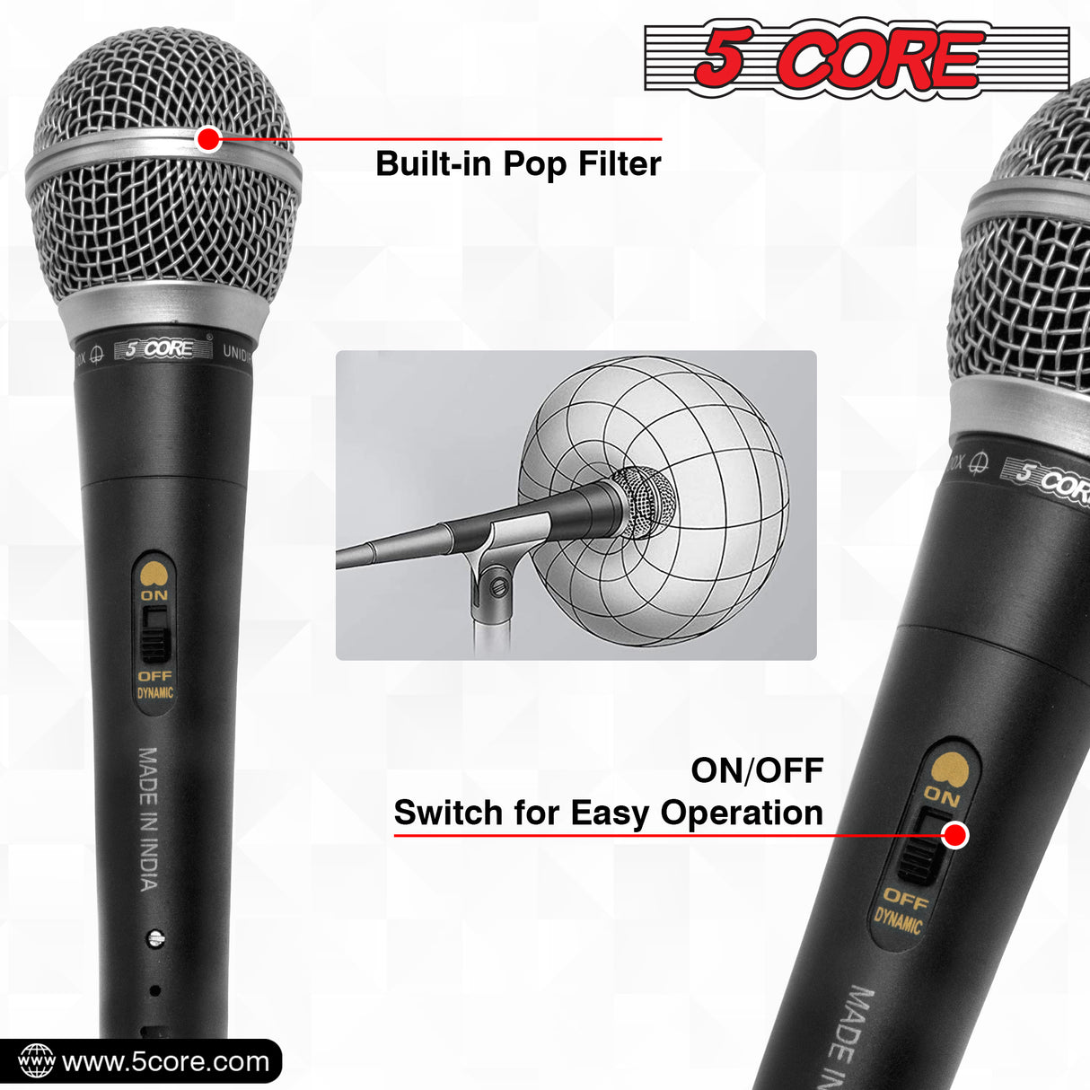 5 Core Professional Dynamic Vocal Microphone - Unidirectional Handheld Mic XLR Karaoke Microphone with ON/OFF Switch Includes 16ft XLR Audio Cable to 1/4'' Audio Jack Included - ND-5800X