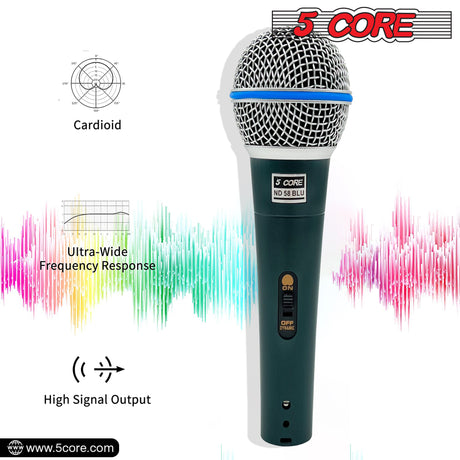 5 Core Professional Dynamic Vocal Microphone - Unidirectional Handheld Mic XLR Karaoke Microphone with ON/OFF Switch Includes 16ft XLR Audio Cable to 1/4'' Audio Jack Included - ND 58 BLU 2PCS