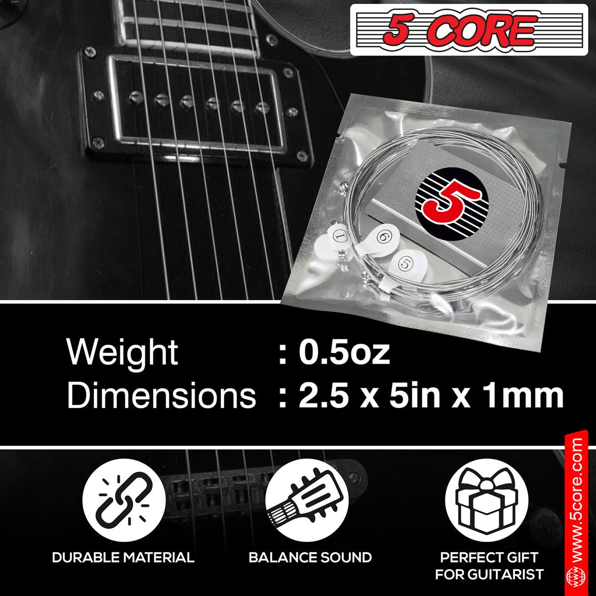 5Core Electric Guitar Strings Nickel 0.009-.042 Gauge w Bright Tone for 6 String Guitars