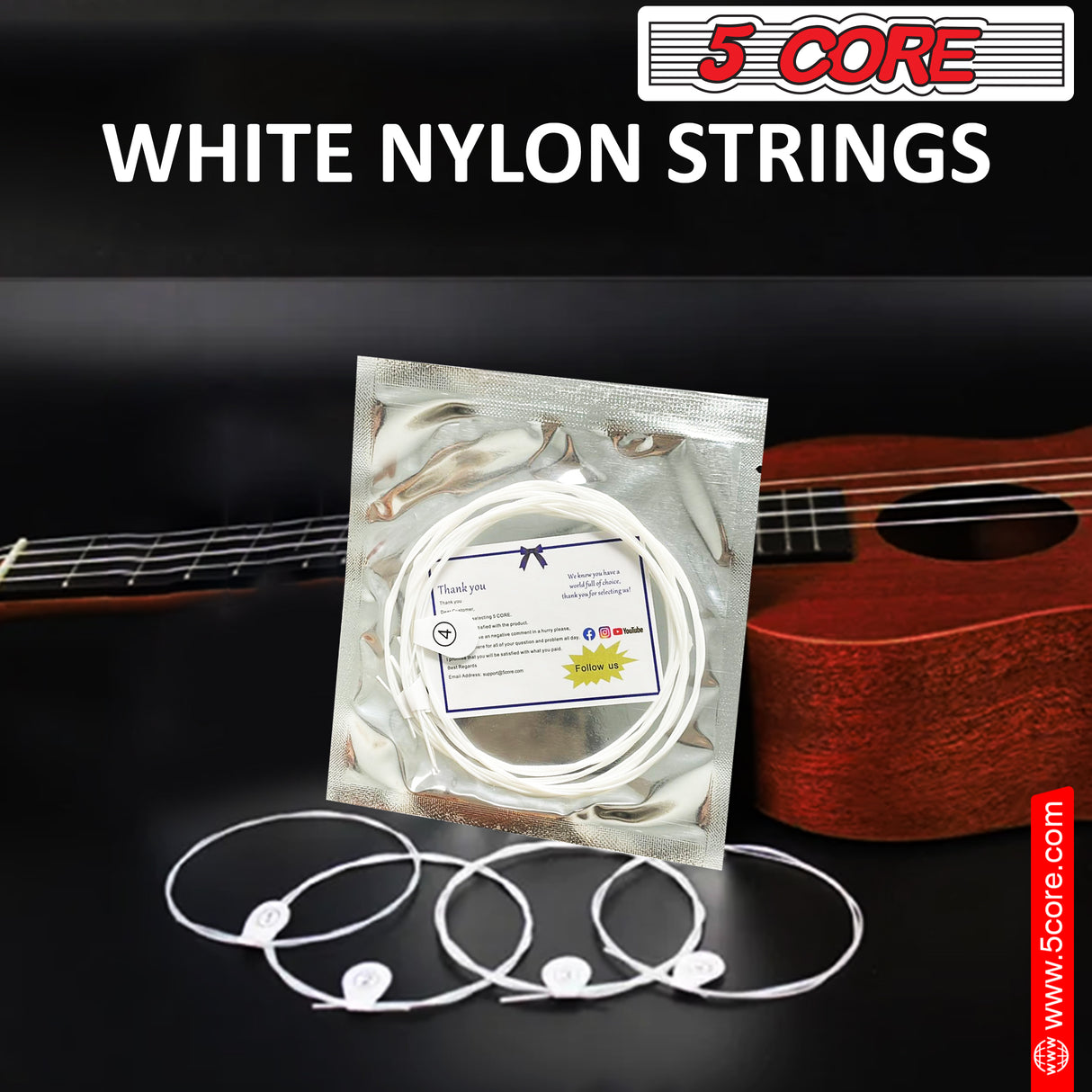 5 Core Ukulele Strings, Tuning Replacement 4 Pieces String in 1 Pack for Musical Instruments Easy for Beginners Easy on Fingertips for General Ukulele Sweet Sound UKS 4PCS
