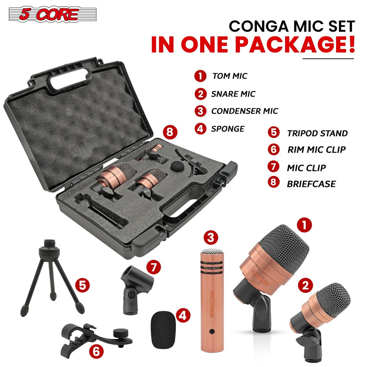 5Core Conga Mic Snare Tom Microphone Drum Kit Condenser XLR Instrument Mics