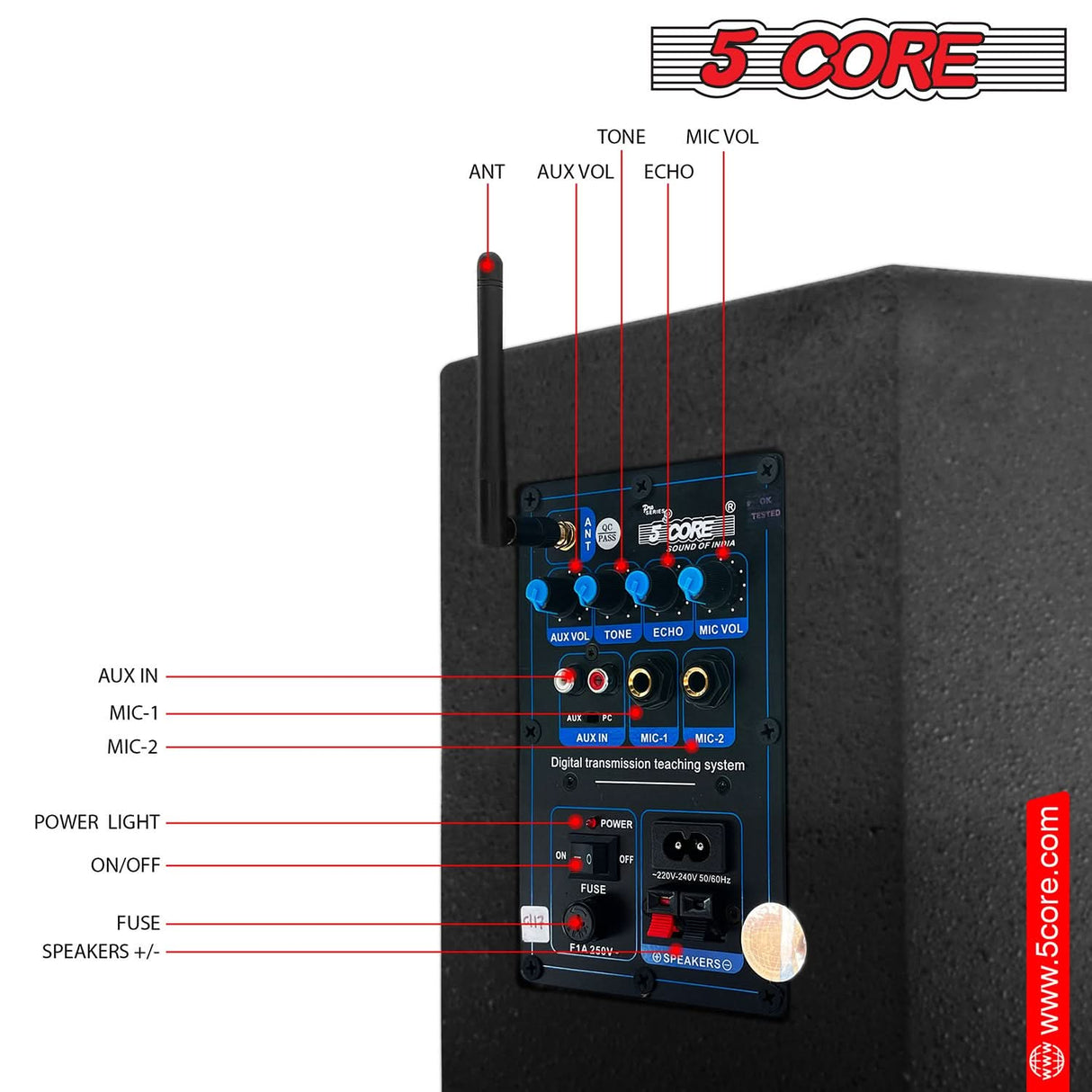 5Core Voice Amplifier 200W Portable PA Speaker System + Wireless Lavalier Microphone