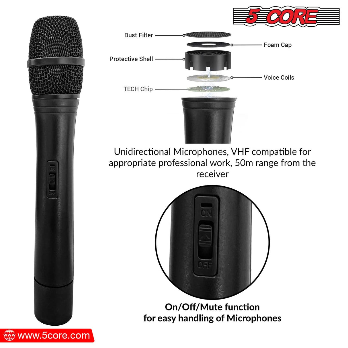 5Core Wireless Microphone VHF Fixed Dual Frequency Microfono Inalambrico 100FT Range