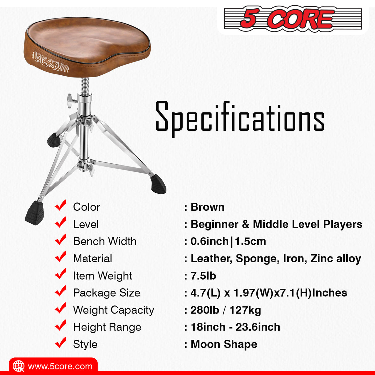 5 Core Drum Throne Saddle Brown| Heavy Duty Height Adjustable Padded Comfortable Drum Seat| Stools Chair  Style with Double Braced Anti-Slip Feet and Two Drumsticks for Adults Drummers- DS CH BR SDL HD