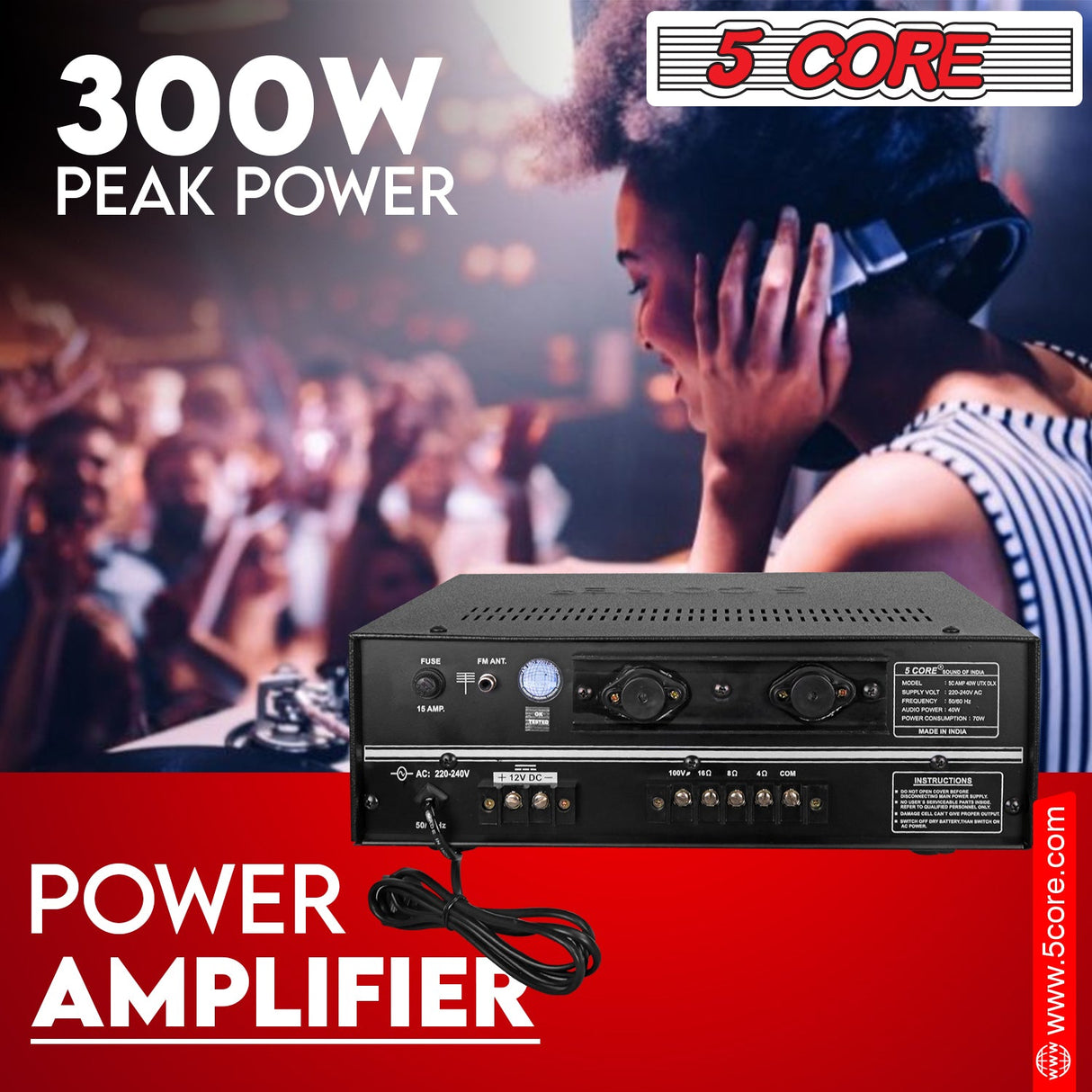 5CORE Power Amplifier 40W RMS 300W Peak With USB AUX 3 Mic Input Stereo Receiver