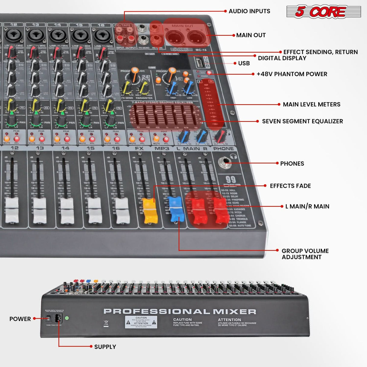 5Core Audio Mixer 16 Channel DJ Mixing Board Bluetooth USB Analog Professional Mezclador De Audio