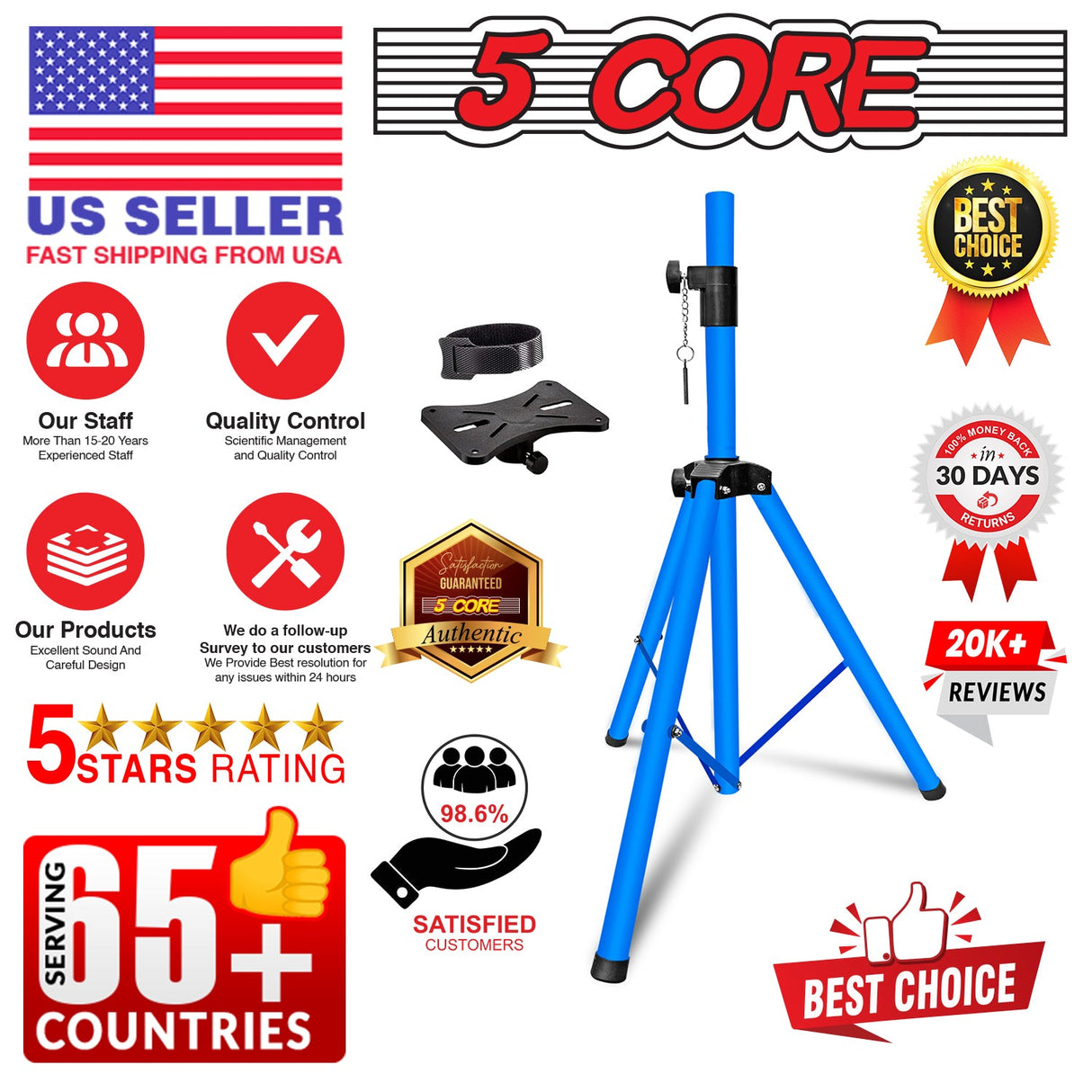 5Core Speaker Stand Tripod Floor Short Adjustable DJ Studio Monitor Stands Pole Mount SKY BLUE