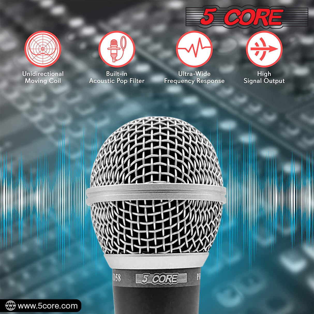 5 CORE Premium Vocal Dynamic Cardioid Handheld Microphone Neodymium Magnet Unidirectional Mic, 16ft Detachable XLR Deluxe Cable to ¼ Audio Jack, Mic Clip, On/Off Switch for Karaoke Singing ND-58