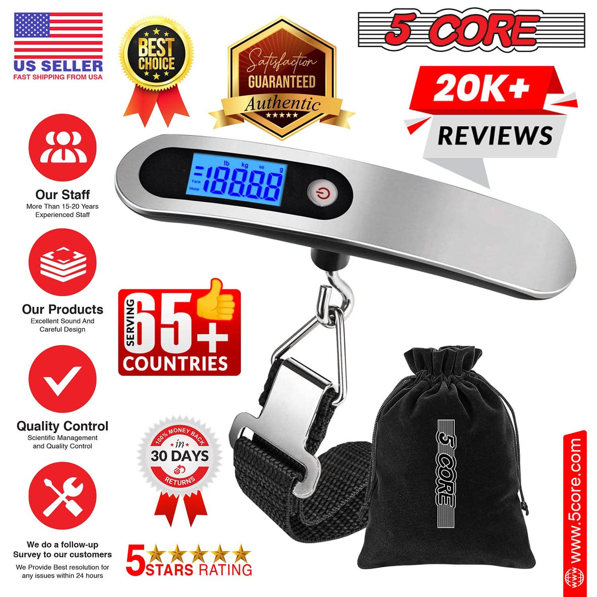 5Core Digital Luggage Scale Weight Scale Travel Hanging Baggage Weighing Machine