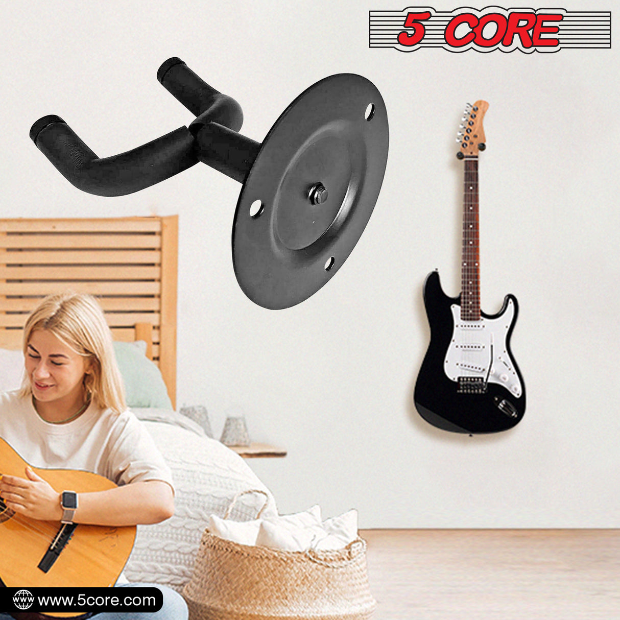Guitar Wall Mount, Black Guitar Wall Hanger| 2 Pack Guitar Hanger| V-Shaped Secure and Sturdy Guitar Holder Wall Mount| Guitar Accessories for Acoustic, Electric, Bass Guitar,  Mandolin- GH ST 2PCS