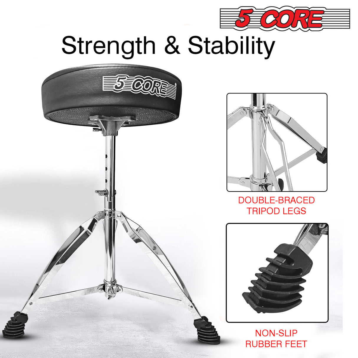 5 Core Drum Throne Black| Height Adjustable Padded Seat Drum Stool| Folding Portable Drummer Throne with Anti-Slip Feet| with two Drumsticks, Drum Chair for Kids and Adults- DS CH BLK