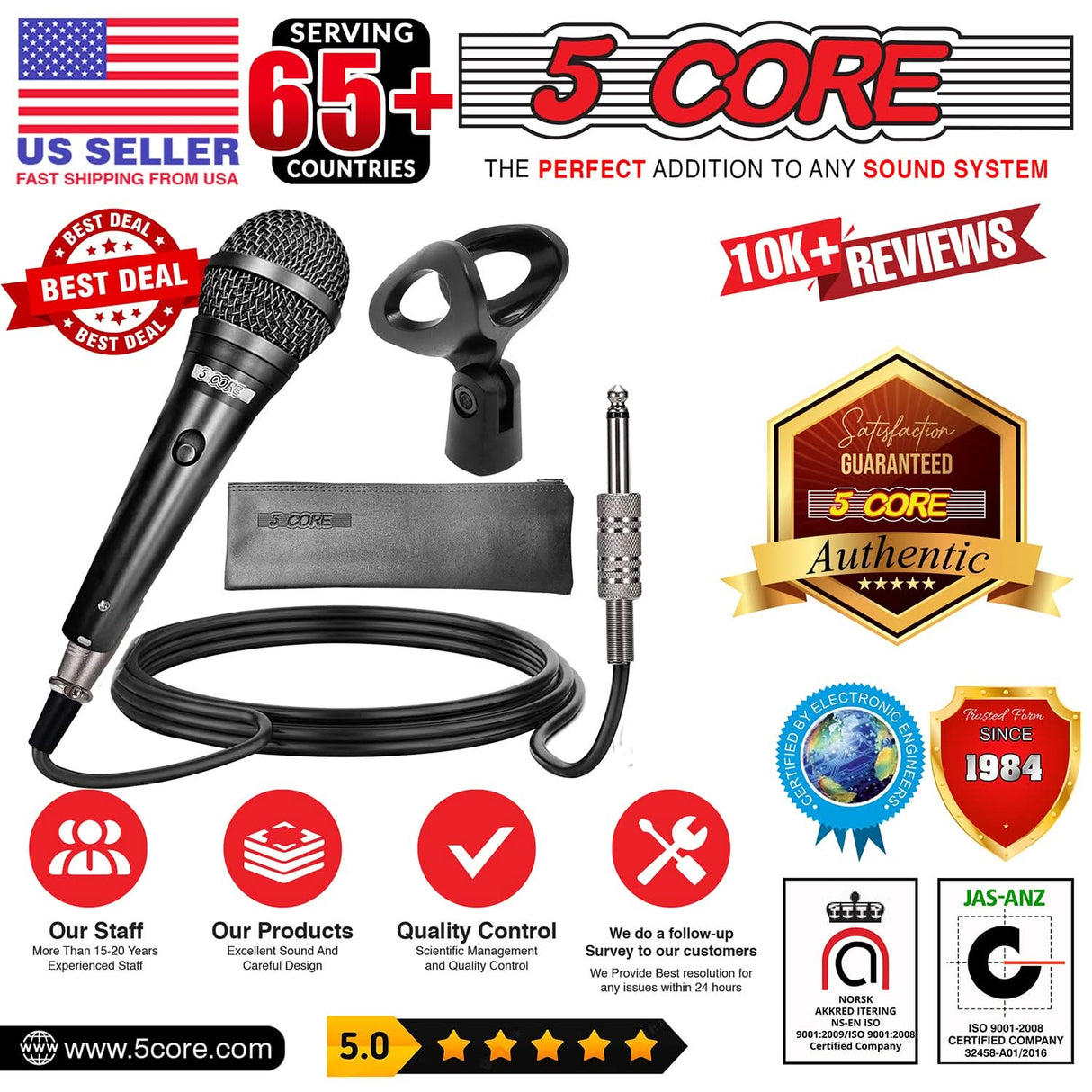 5Core Handheld Dynamic Microphone 2Pcs + Short Tripod Mic Stand Floor + XLR Cable