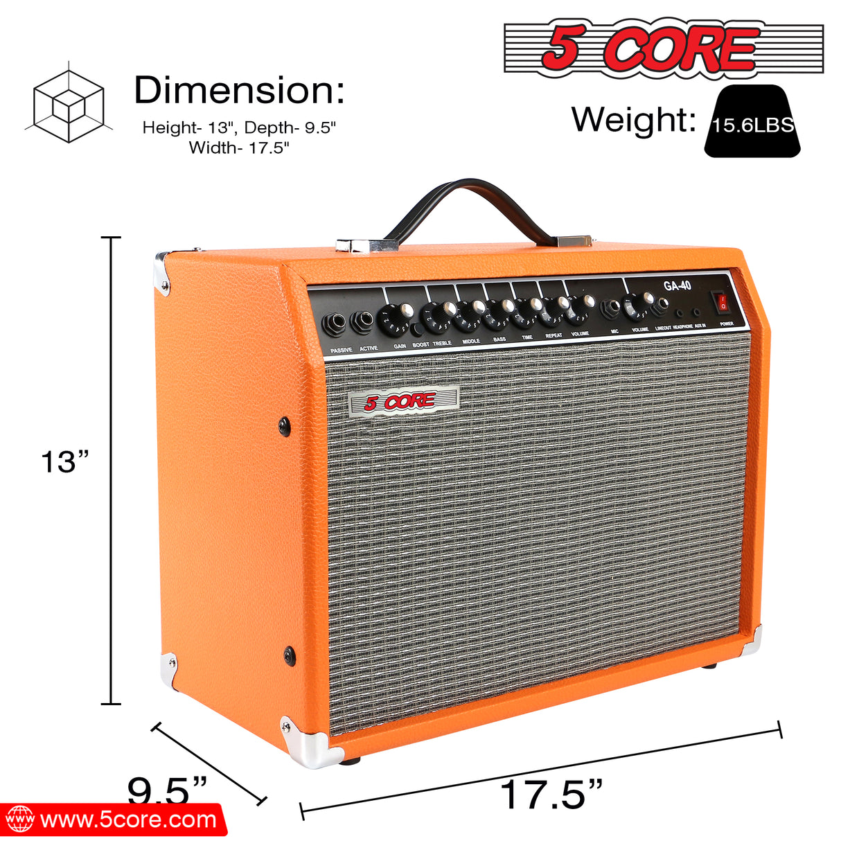 5 Core 40W Guitar Amplifier Orange - Clean and Distortion Channel - Electric Amp with Equalization and AUX Line Input - for Recording Studio, Practice Room, Small Courtyard- GA 40 ORG