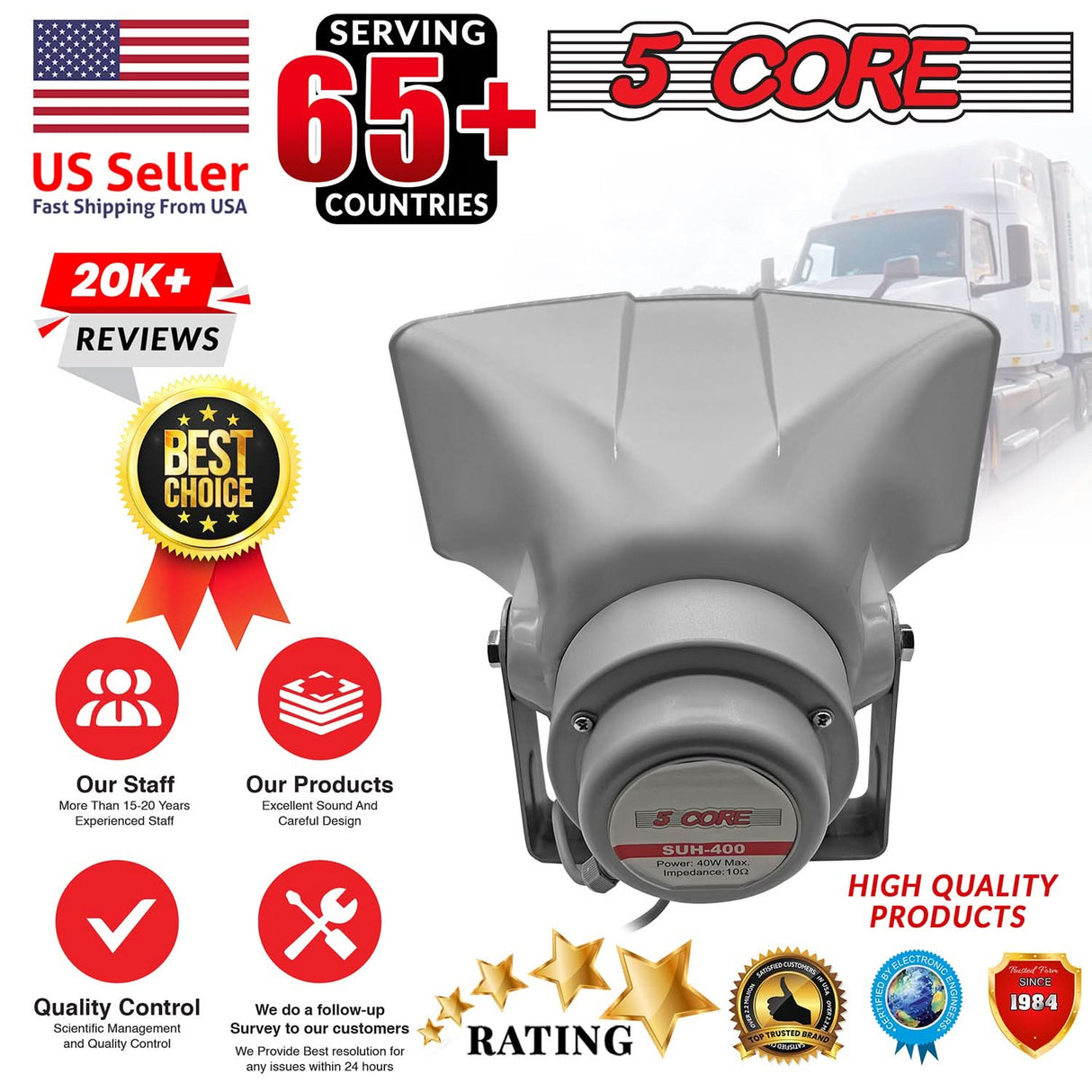 5 Core PA Horn Speaker Outdoor 8x16" Siren Loudspeaker • 40W RMS Loud Megaphone Driver Horn