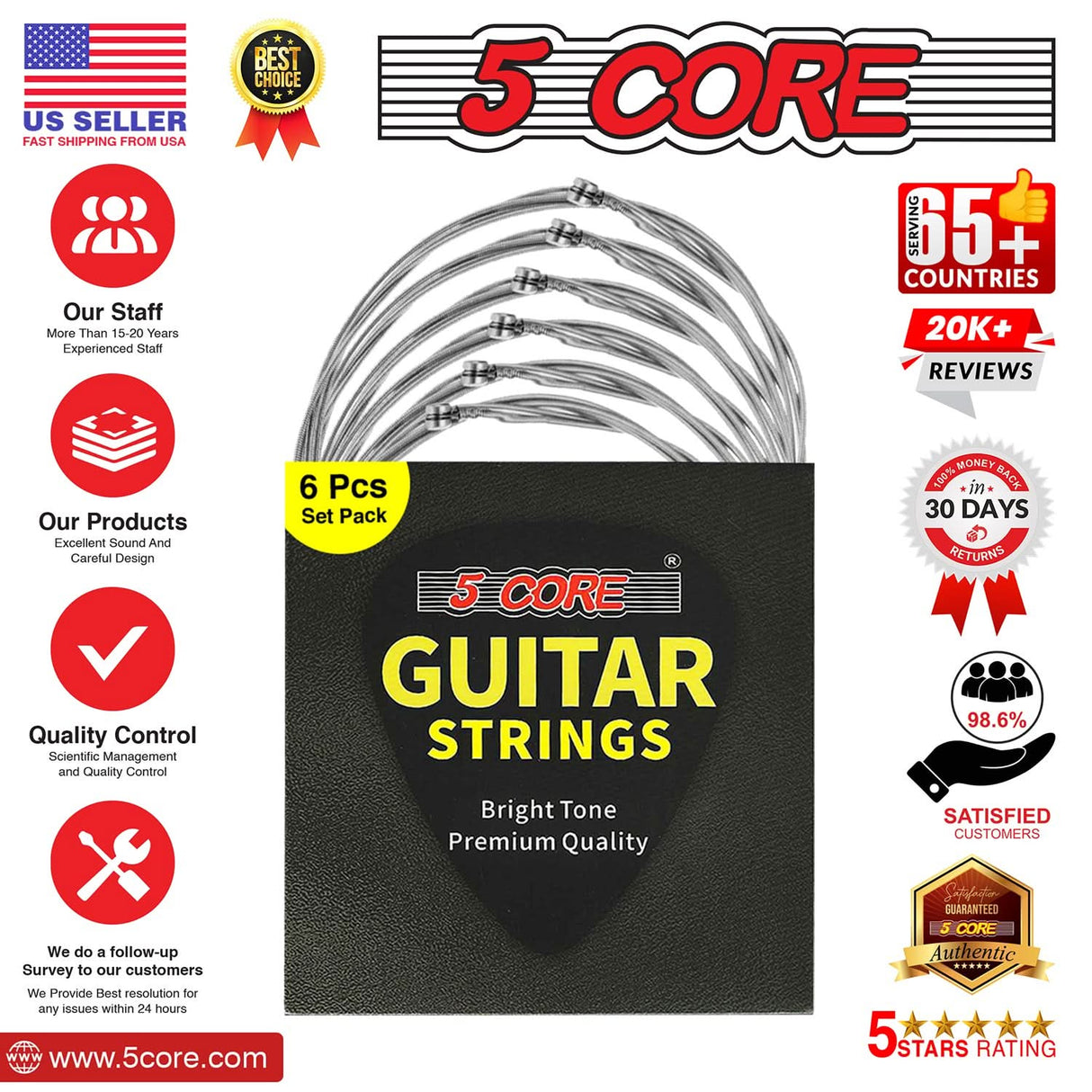 5Core Electric Guitar Strings Nickel 0.009-.042 Gauge w Bright Tone for 6 String Guitars