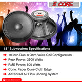 5 Core 18" Pro Series 850W PMPO Raw Sub Woofer Speaker|Steel Cast Speaker for Pro Audio PA DJ Cabinets| Subwoofer with 4" CCAW Voice Coil, 8 Ohms, 90 oz Magnet| Extremely Clear and Loud - FR 18 190 MS