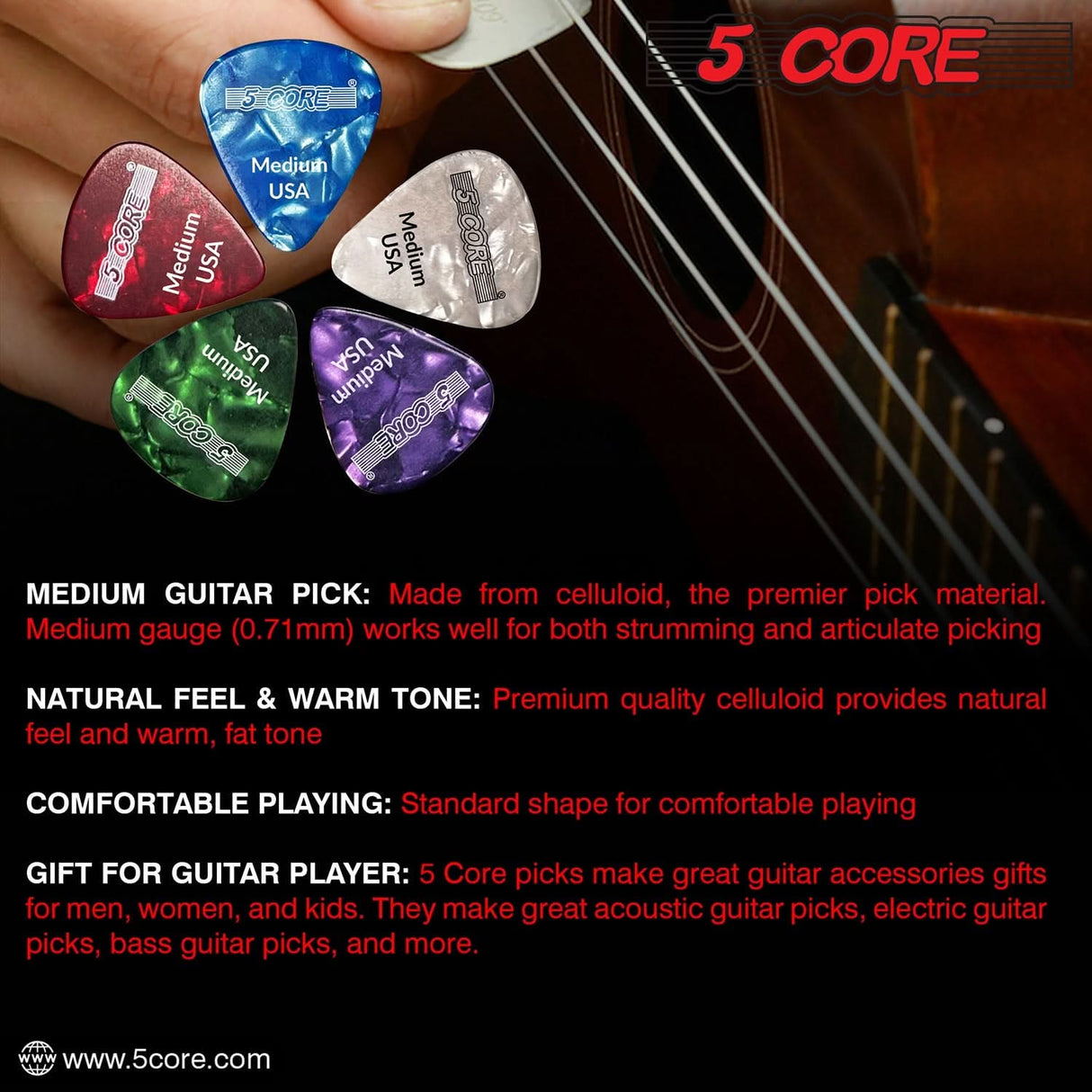 5Core Guitar Picks 0.71mm Celluloid Medium Gauge Pick - Acoustic Electric Bass Guitars PURPLE