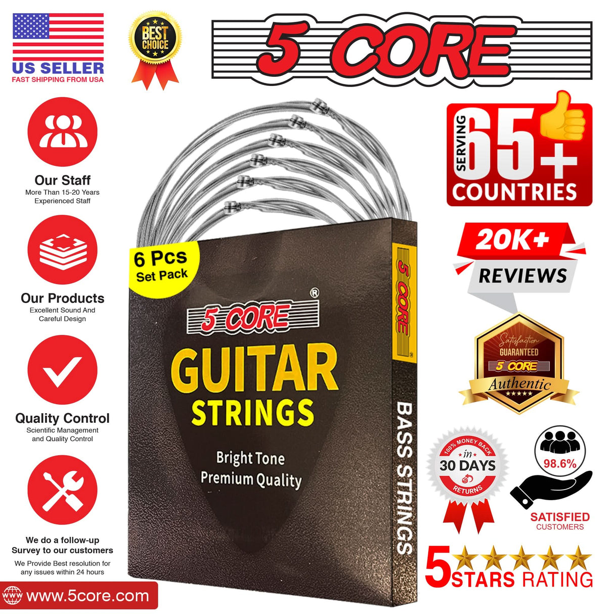 5Core Bass Electric Guitar Strings 0.045-.100 Gauge w Bright Tone for 6 String Guitars