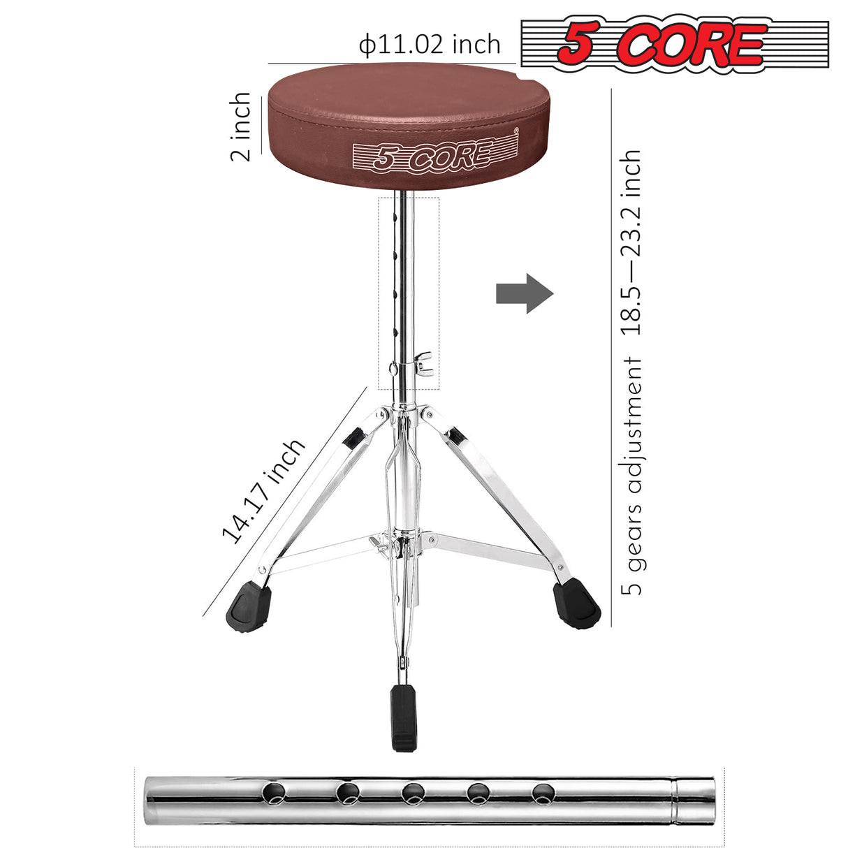 5 Core Drum Throne Brown| Height Adjustable Padded Seat Drum Stool| Folding Portable Drummer Throne with Anti-Slip Feet| with two Drumsticks, Drum Chair for Kids and Adults- DS CH BR