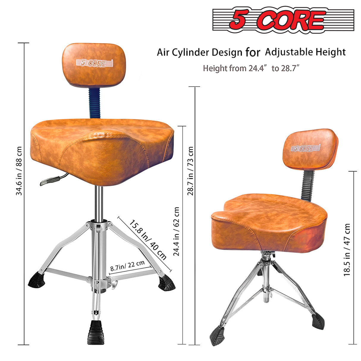 5 Core Drum Throne with Backrest Brown, Padded Drum Chair with Back, Motorcycle Style Hydraulic Drum Throne Height Adjustable Drum Stool with Stable Bass Comfortable Seat- DS CH BR REST-LVR