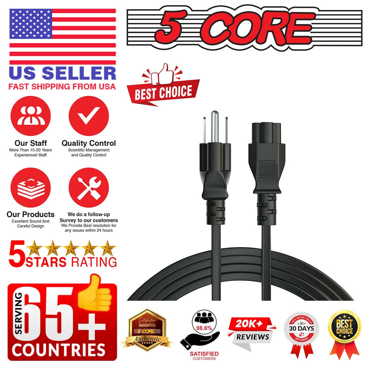 5Core AC Power Cord 10Ft 2 Prong US Male to Female Extension Adapter 16AWG/2C 125V 13A