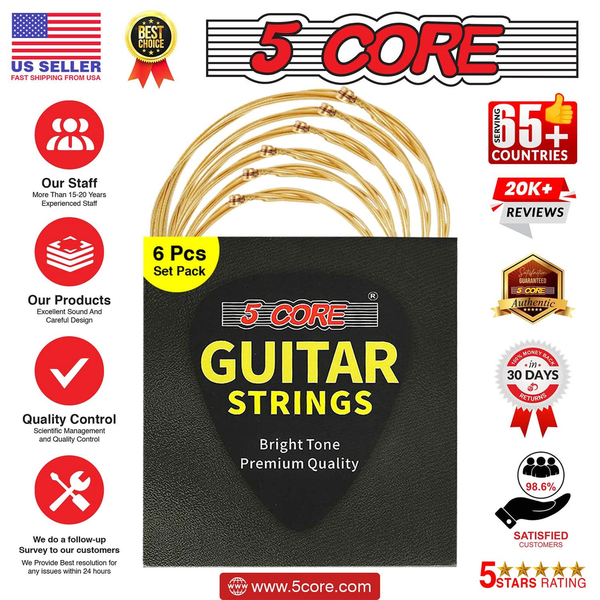 5Core Acoustic Guitar Strings 0.010-0.047 Steel Gauge Heavy Duty w Bright Tone For 6 String Guitars