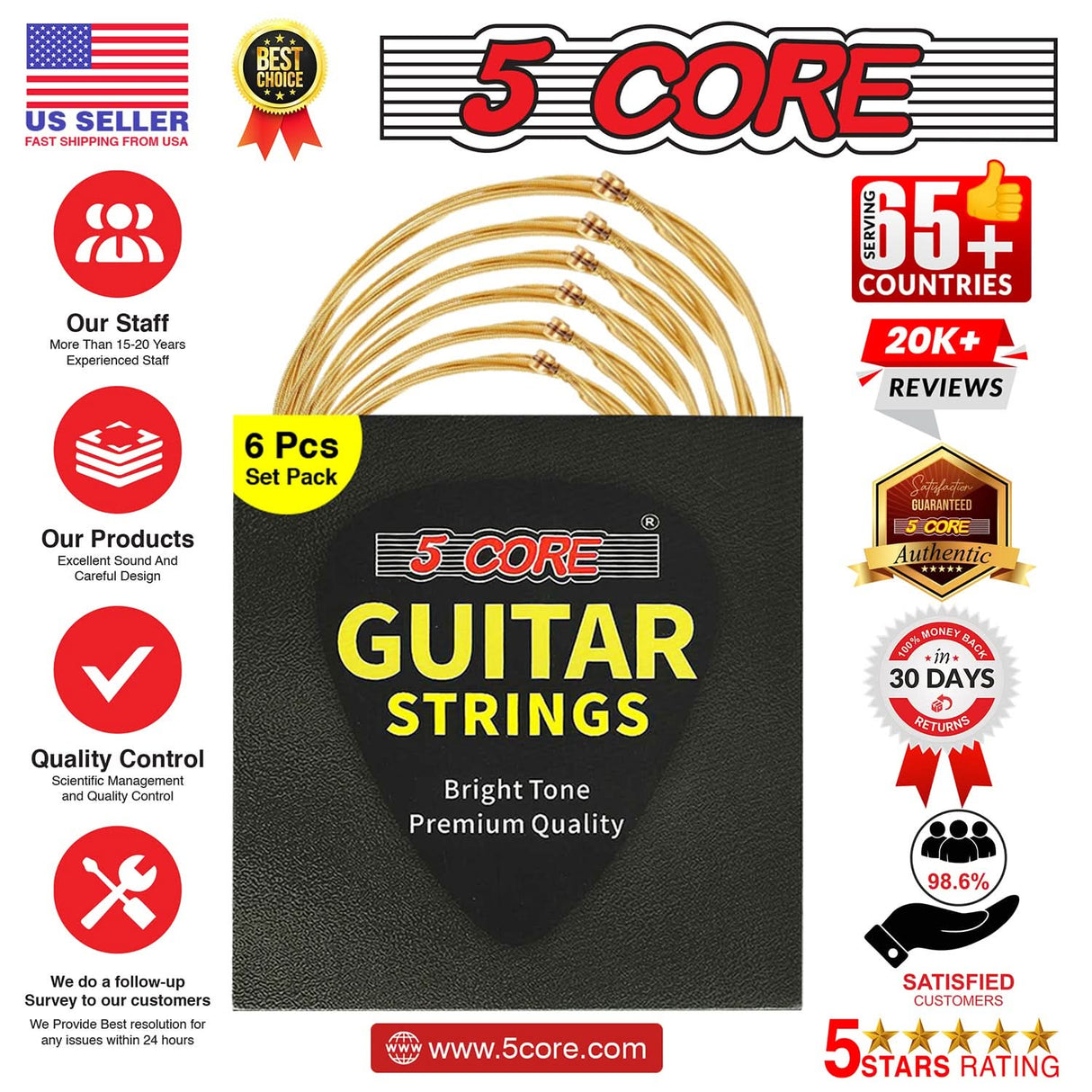 5Core Acoustic Guitar Strings 0.010-0.047 Steel Gauge Heavy Duty w Bright Tone For 6 String Guitars