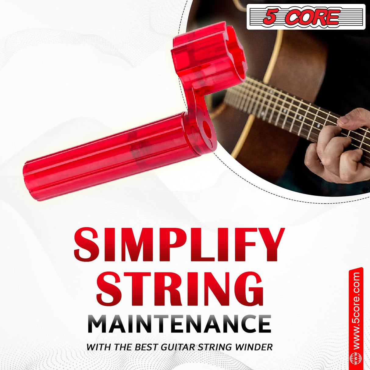 5Core Guitar String Winder Professional Guitars Tools Peg Winder with Bridge Pin Remover RED