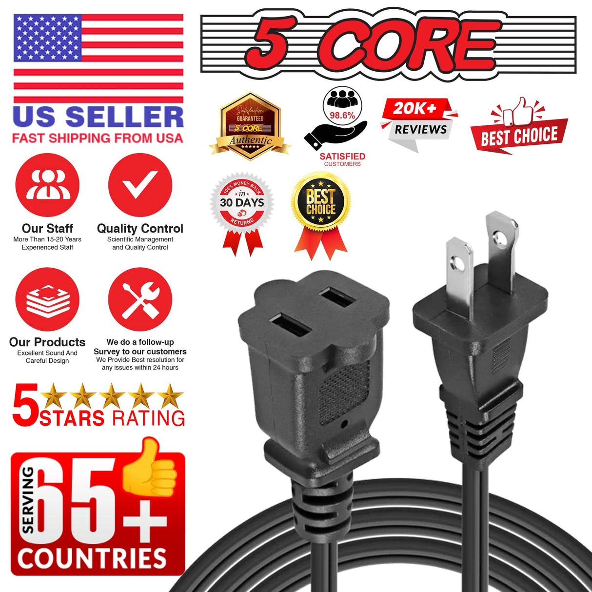 5Core AC Power Cord 10 Ft US Polarized Male to Female 2 Prong Extension Adapter Cords 16AWG 125V