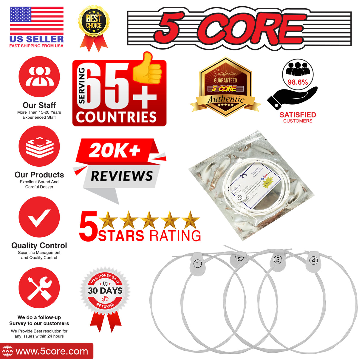 5 Core Ukulele Strings, Tuning Replacement 4 Pieces String in 1 Pack for Musical Instruments Easy for Beginners Easy on Fingertips for General Ukulele Sweet Sound UKS 4PCS