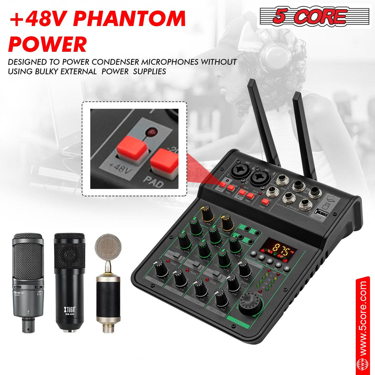 5Core Audio Mixer Sound Board 4 Channel PA DJ Stereo Receiver w Bluetooth USB DJ PA Karaoke Mixing