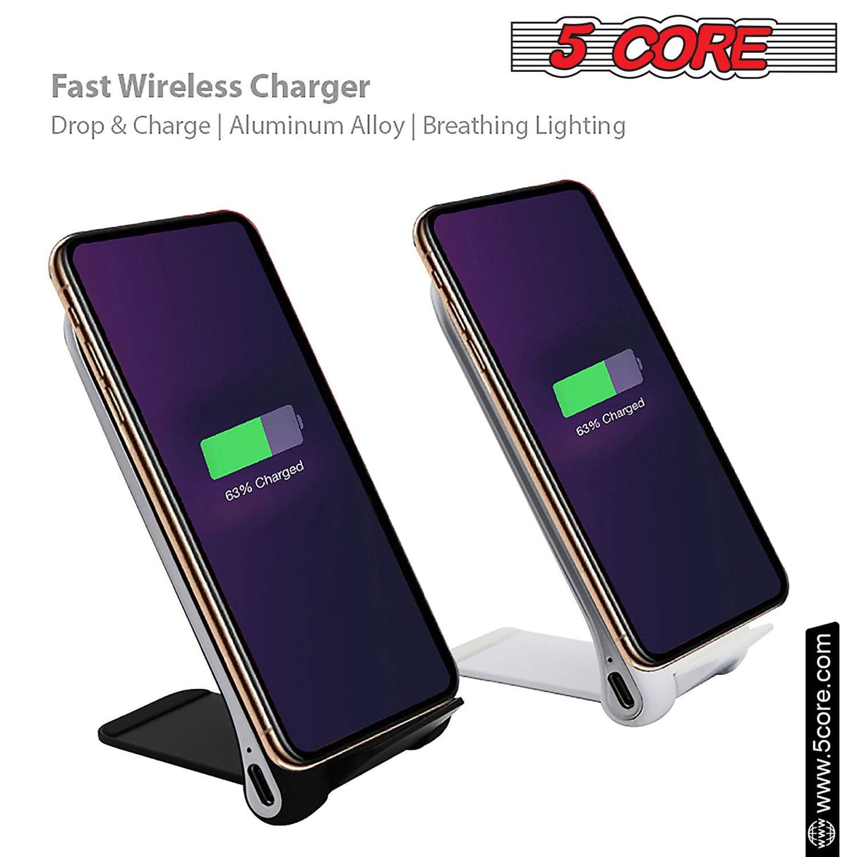 5Core Fast Wireless Charger Phone 2Pack Qi Certified 10W Cellphone Charging Stand Dock