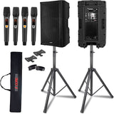 5 Core 15 Inch Professional 4000 W Powered PA System Pair 2 Way TWS Bluetooth Speaker +4 Wireless UHF Mics +2 Stand +2 Bags XLR in/Out Active Preamp Outdoor Sound Set for DJ Party