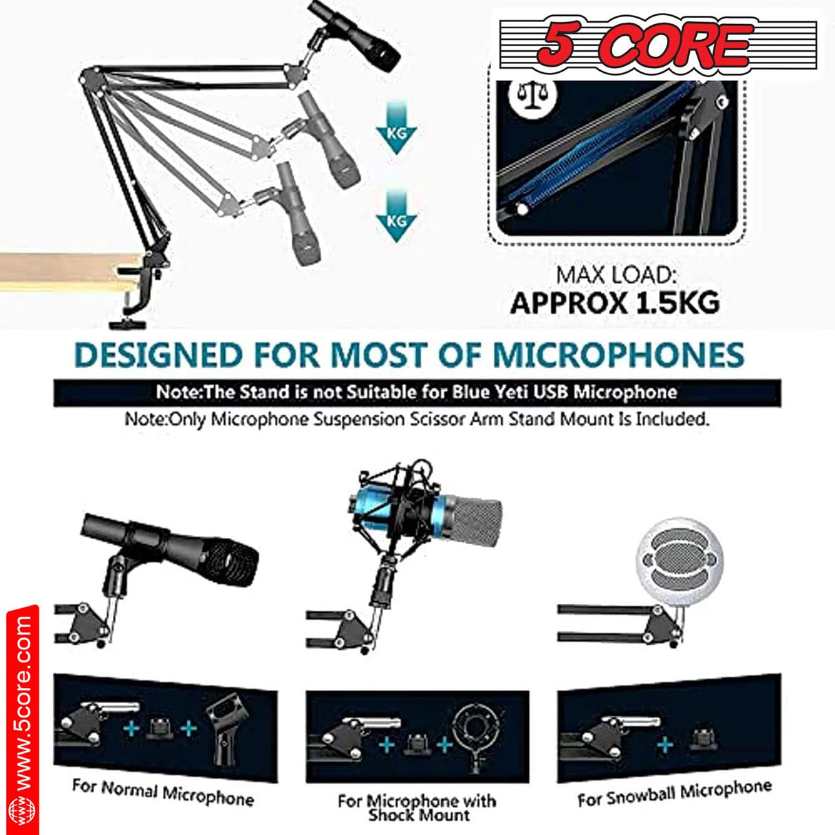 5Core Microphone Stand Suspension Desk Scissor Boom Arm w Shock Mount Pop Filter