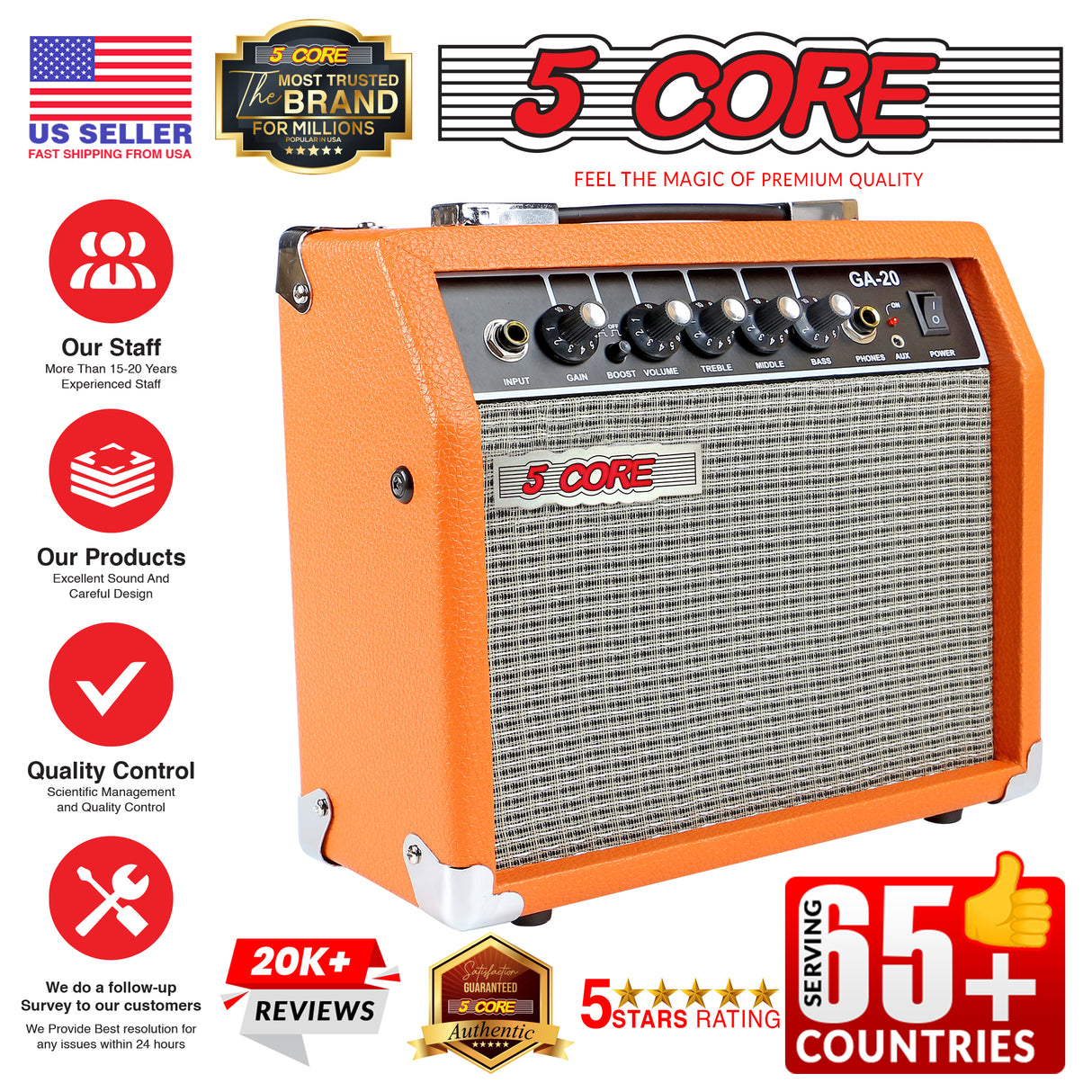 5 Core 20W Guitar Amplifier Orange - Clean and Distortion Channel - Electric Amp with Equalization and AUX Line Input - for Recording Studio, Practice Room, Small Courtyard- GA 20 ORG