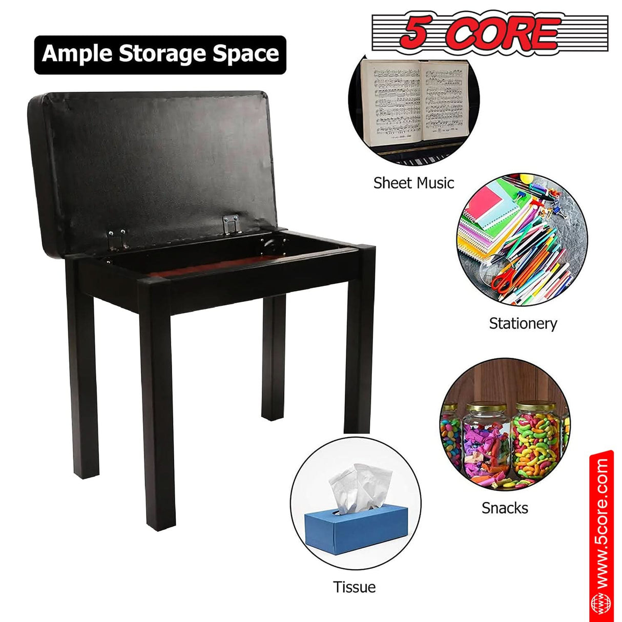 5Core Piano Bench with Storage Compartment Keyboard Stool w Iron Legs Comfortable Waterproof Seat