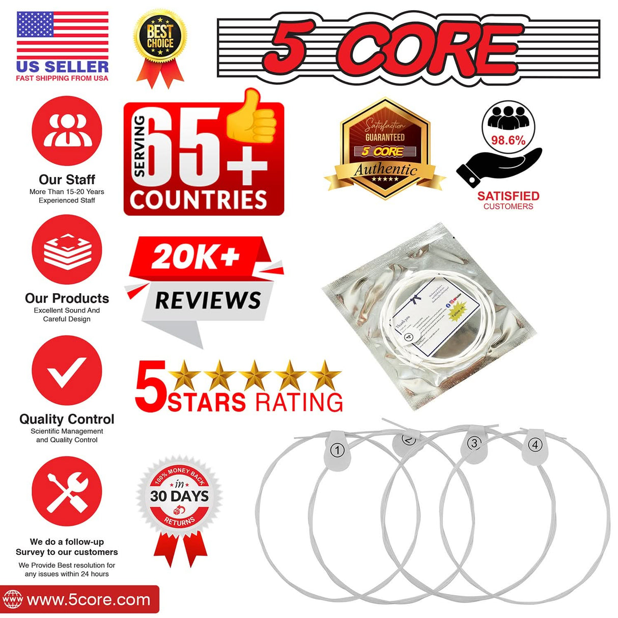 5Core Ukulele Strings Nylon w Deep Bright Tone Consistent Reliable Durability Uku String