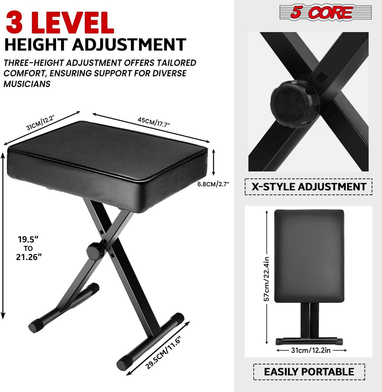 5Core Keyboard Stand Adjustable z Style Piano Riser BLACK + Keyboard Piano Bench BLACK