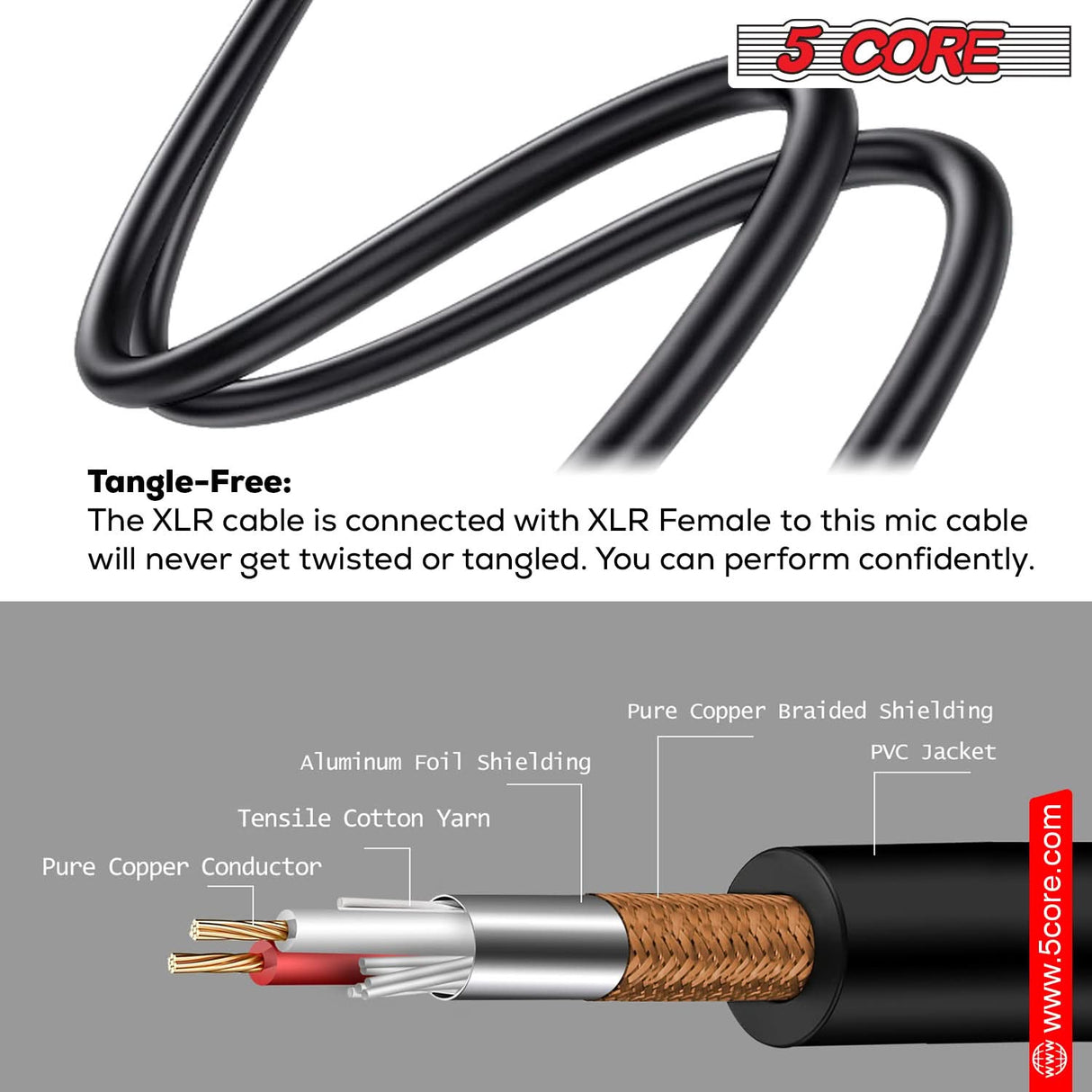 The XLR cord is tangle free