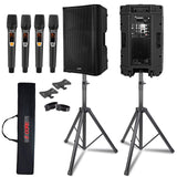 5 Core 12 Inch Professional 3000W Powered PA System Pair 2 Way TWS Bluetooth Speaker +4 Wireless UHF Mics +2 Stand +2 Bags XLR in/Out Active Preamp Outdoor Sound Set for DJ Party