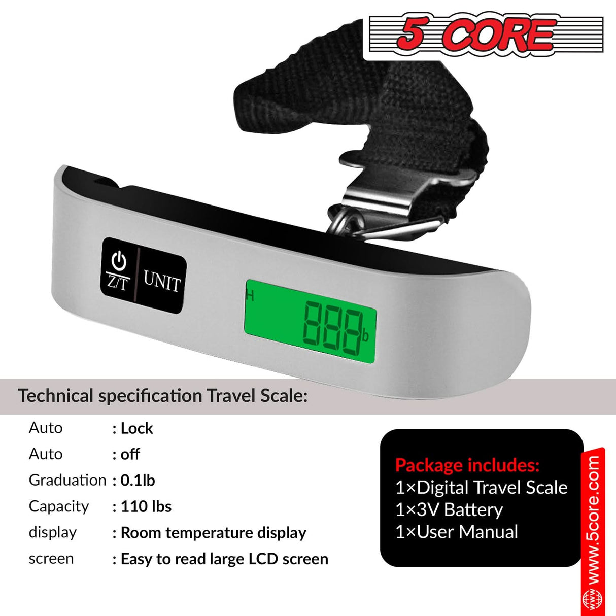 5Core Digital Luggage Scale Travel Weight Scales Hanging Baggage Weighing Machine