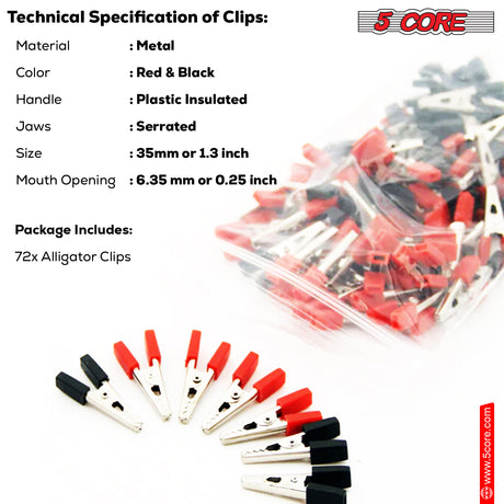 5 Core Alligator Clips 72Pc Crocodile Clips w Serrated Jaws Electrical Test Clamps w Plastic Hands