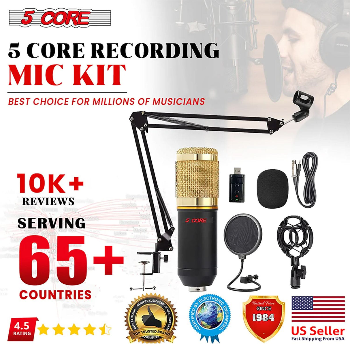 5Core Recording Microphone Podcast Bundle Professional Condenser Cardioid Mic Kit w Boom Arm