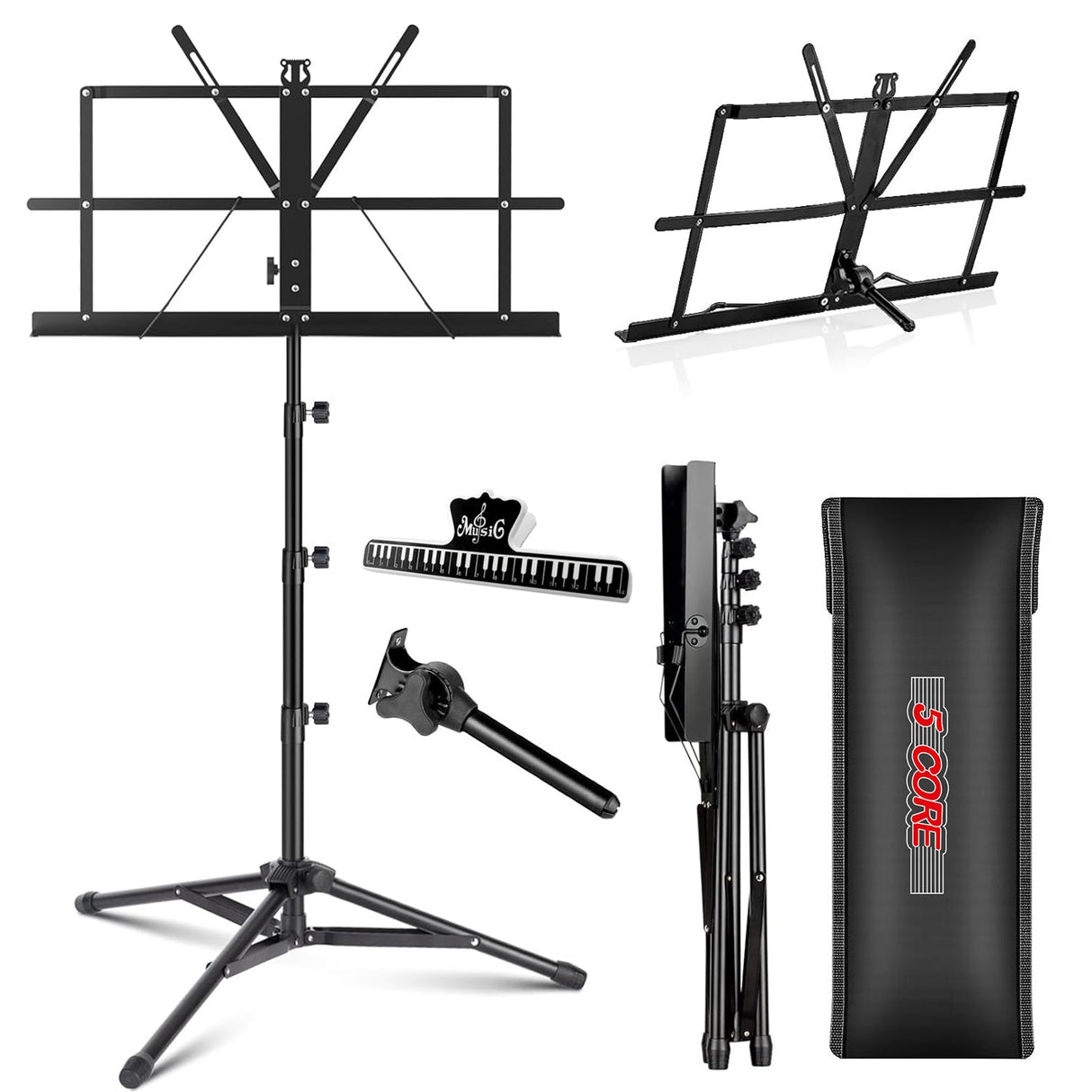 5Core Music Stand For Sheet Music Portable Tripod Adjustable Folding Note Holder Higher BLACK