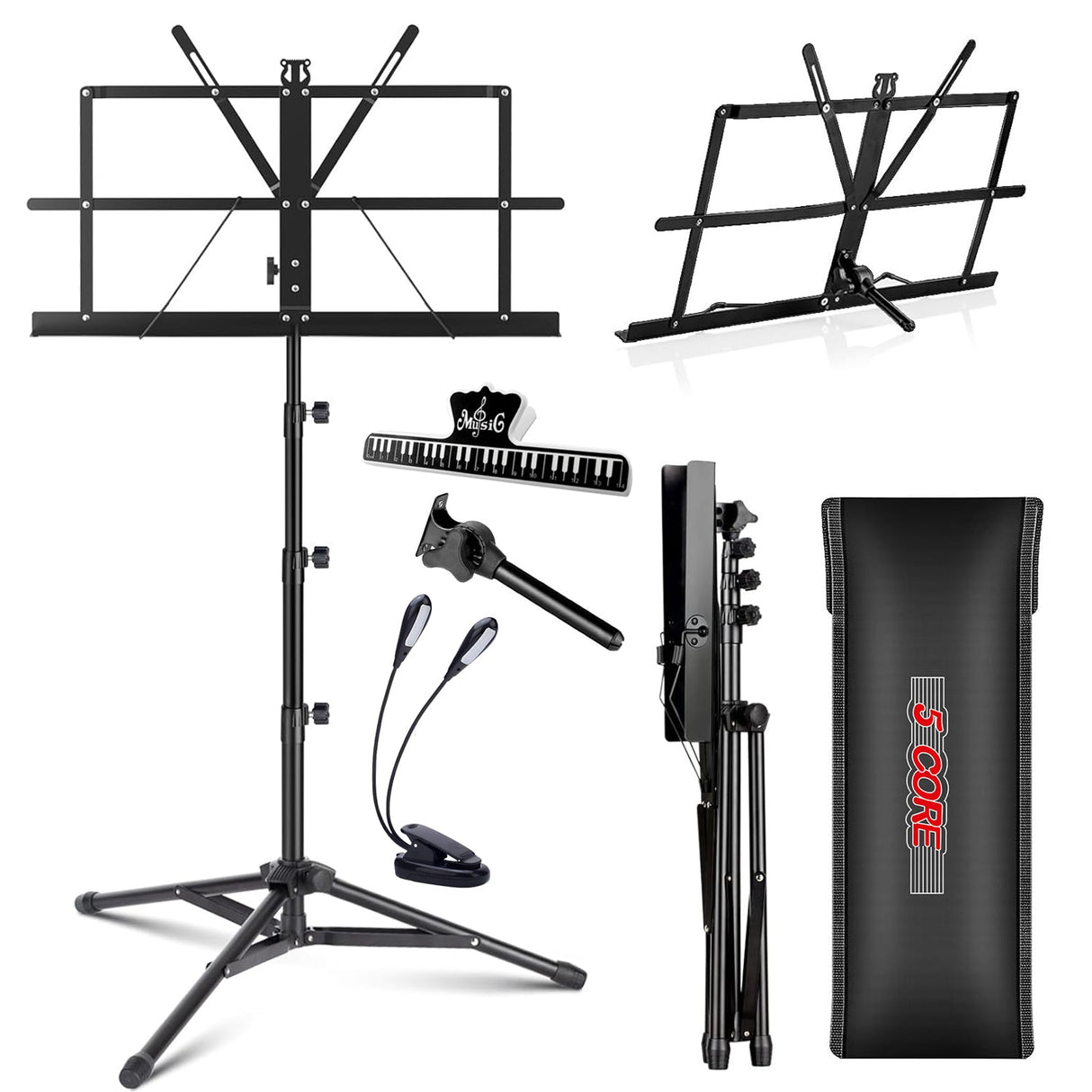 5Core Music Stand For Sheet Music Portable Tripod Adjustable Folding With Lights Note Holder BLACK